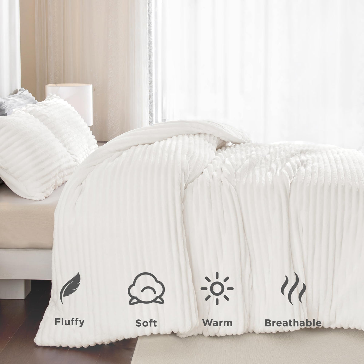 Fluffy Comforter Set, White Fleece Faux Fur Bedding Set