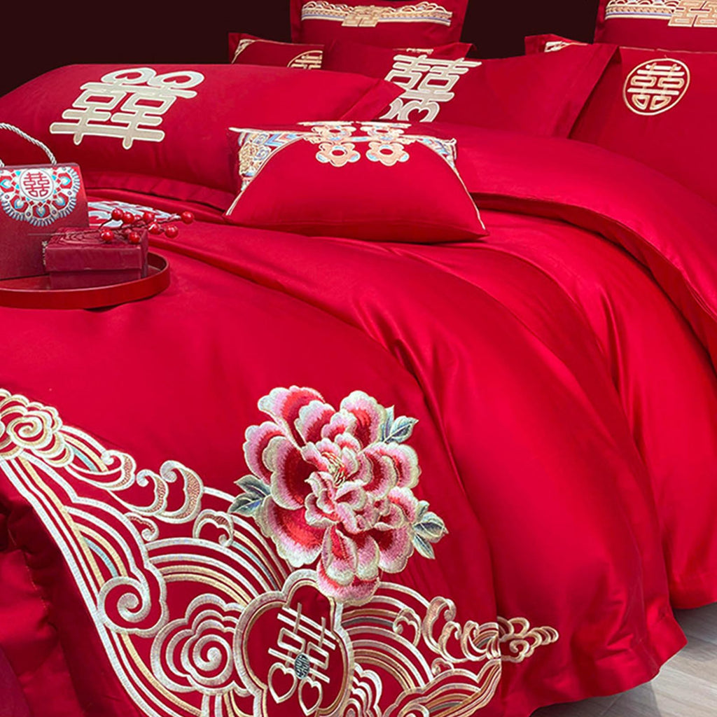 Chinese Red Wedding Bedding 4Pcs Set, Double Happiness Embroidered Duvet Cover Set No Comforter, Soft Cotton Flat