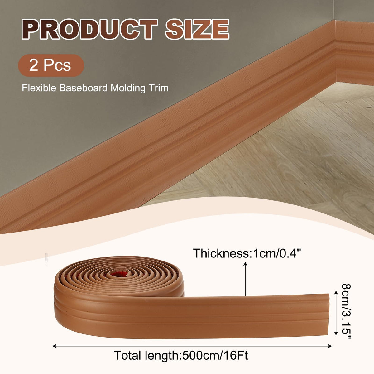 Flexible Baseboard Molding Trim Brown 3.15"(W) x33ft(L) NBR | Peel and Stick Rubber Wall Base Molding