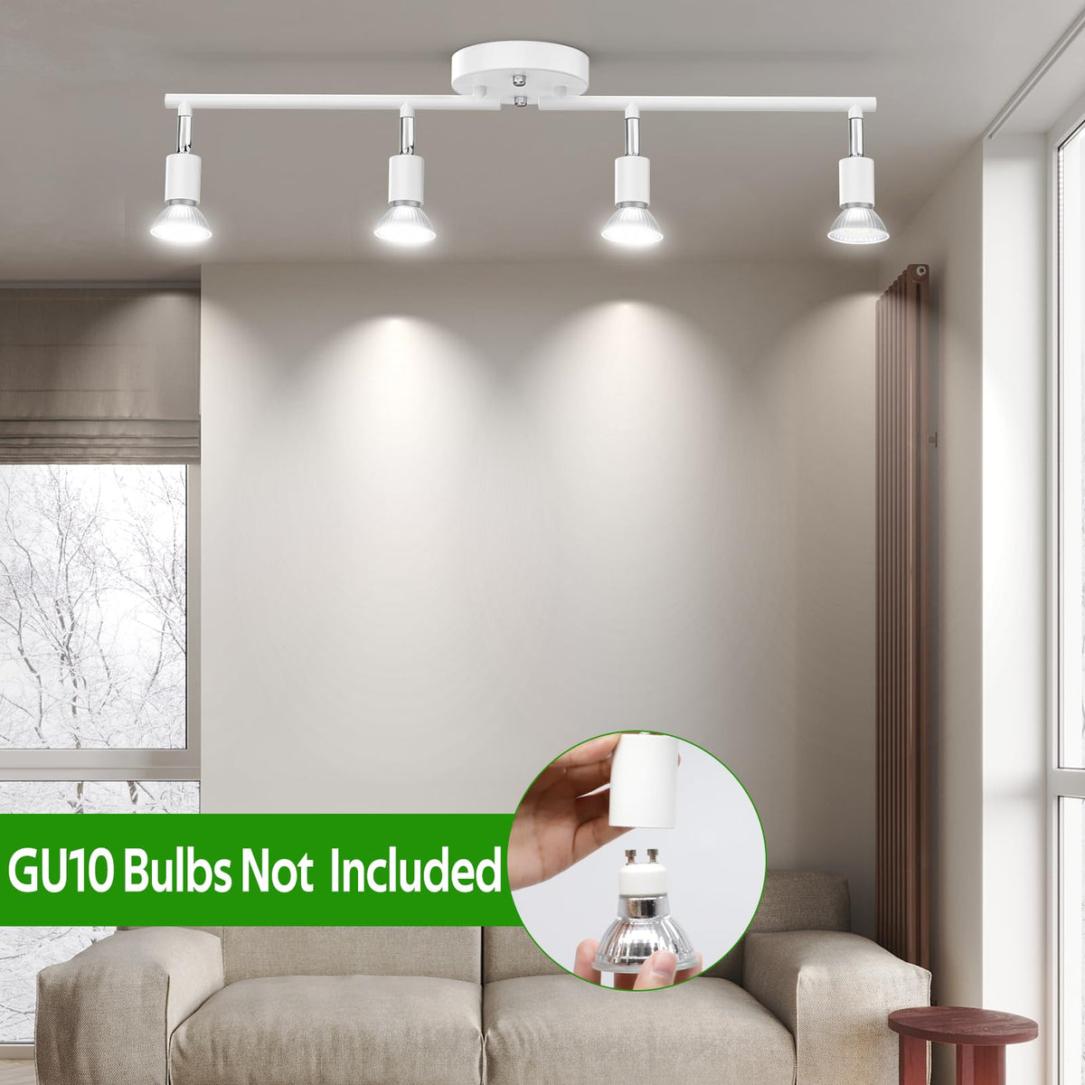 Track Lighting Kit, Modern White Ceiling Spot Lighting with Flexibly Rotatable Light Heads, 4 Track Lights