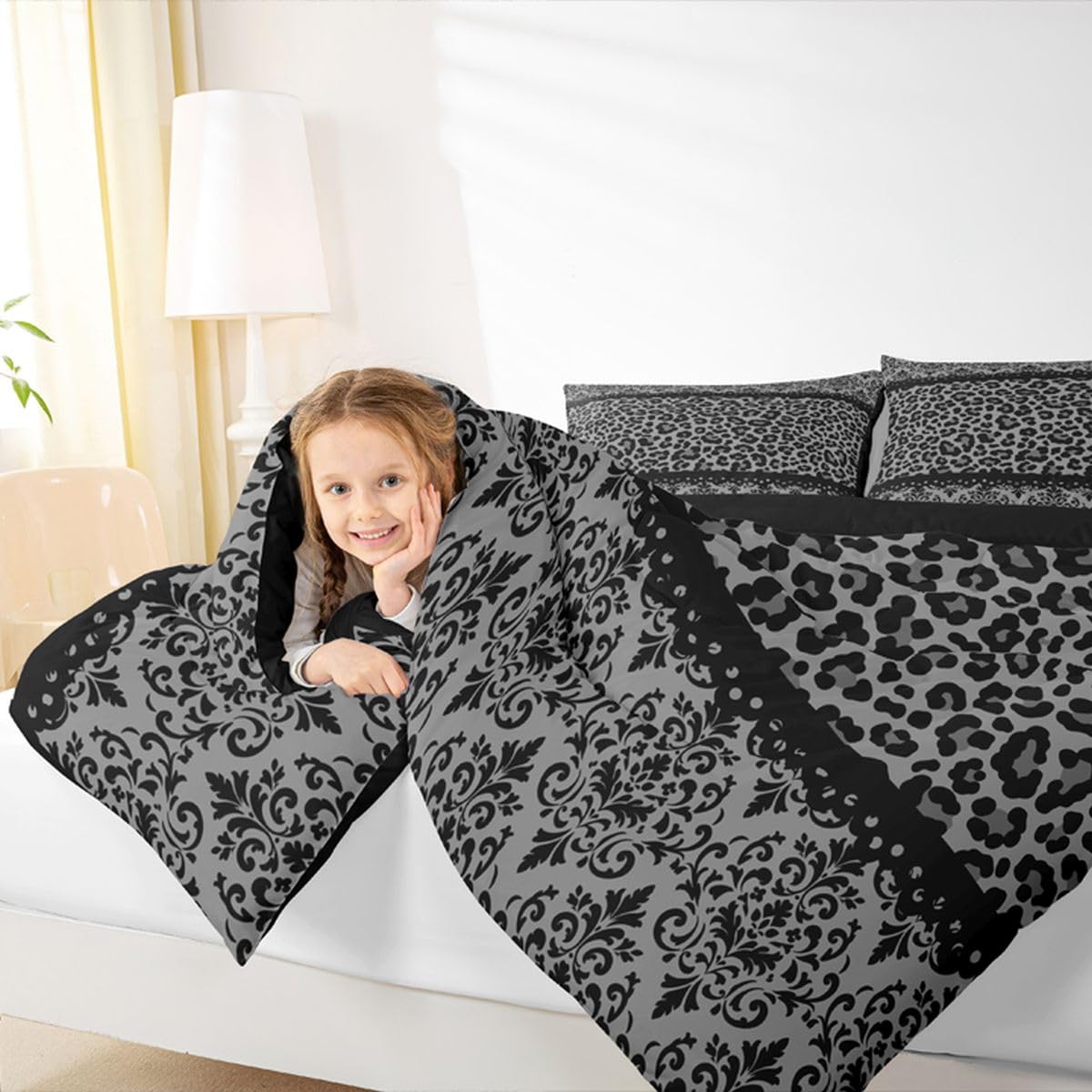 Black Grey Leopard Damask Print Adults Comforter Set All Season Gothic Antique Victorian Baroque Bedding Set with 2