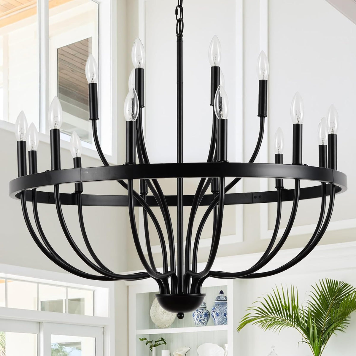 Eighteen-Light Black Industrial Iron Candle Chandelier, Large Scale