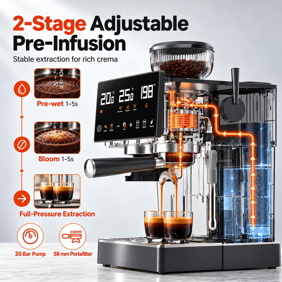 Espresso Machine with Grinder, 1500W, 40 Grind Settings