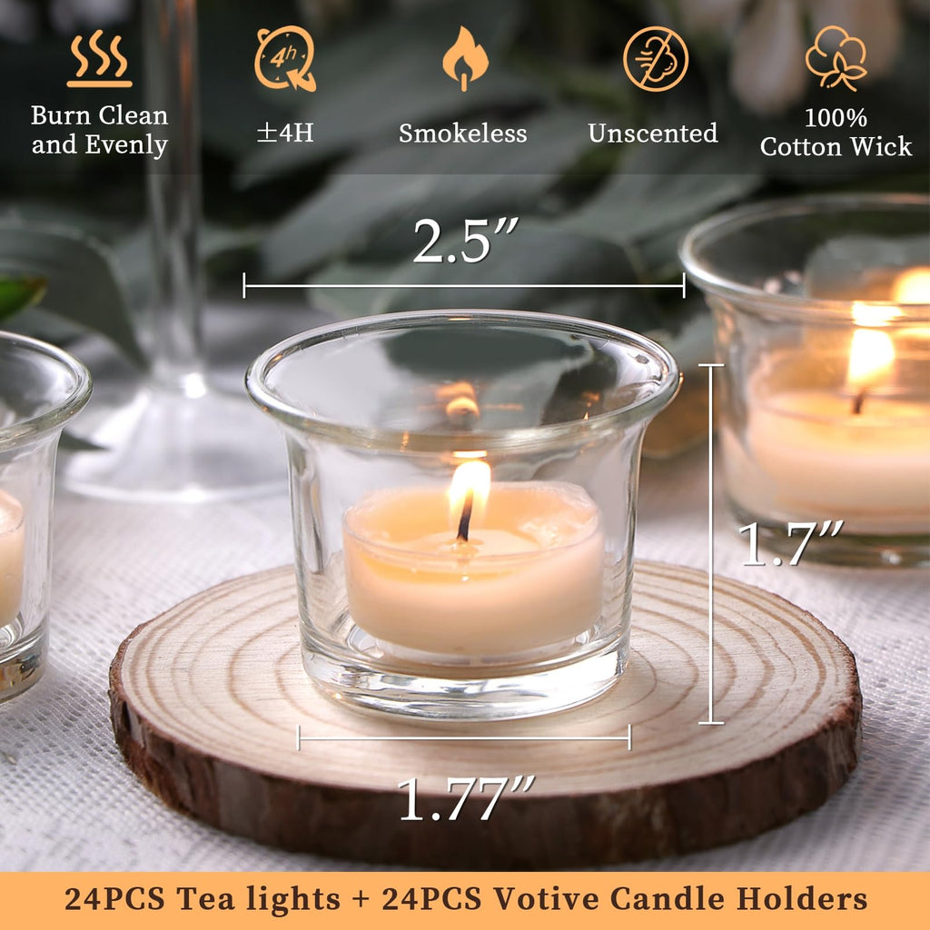 24pcs Clear Tealight Candle Holder & 24pcs White, Smokeless, Unscented Soy Wax Tea Candles - Votive Candle Holders