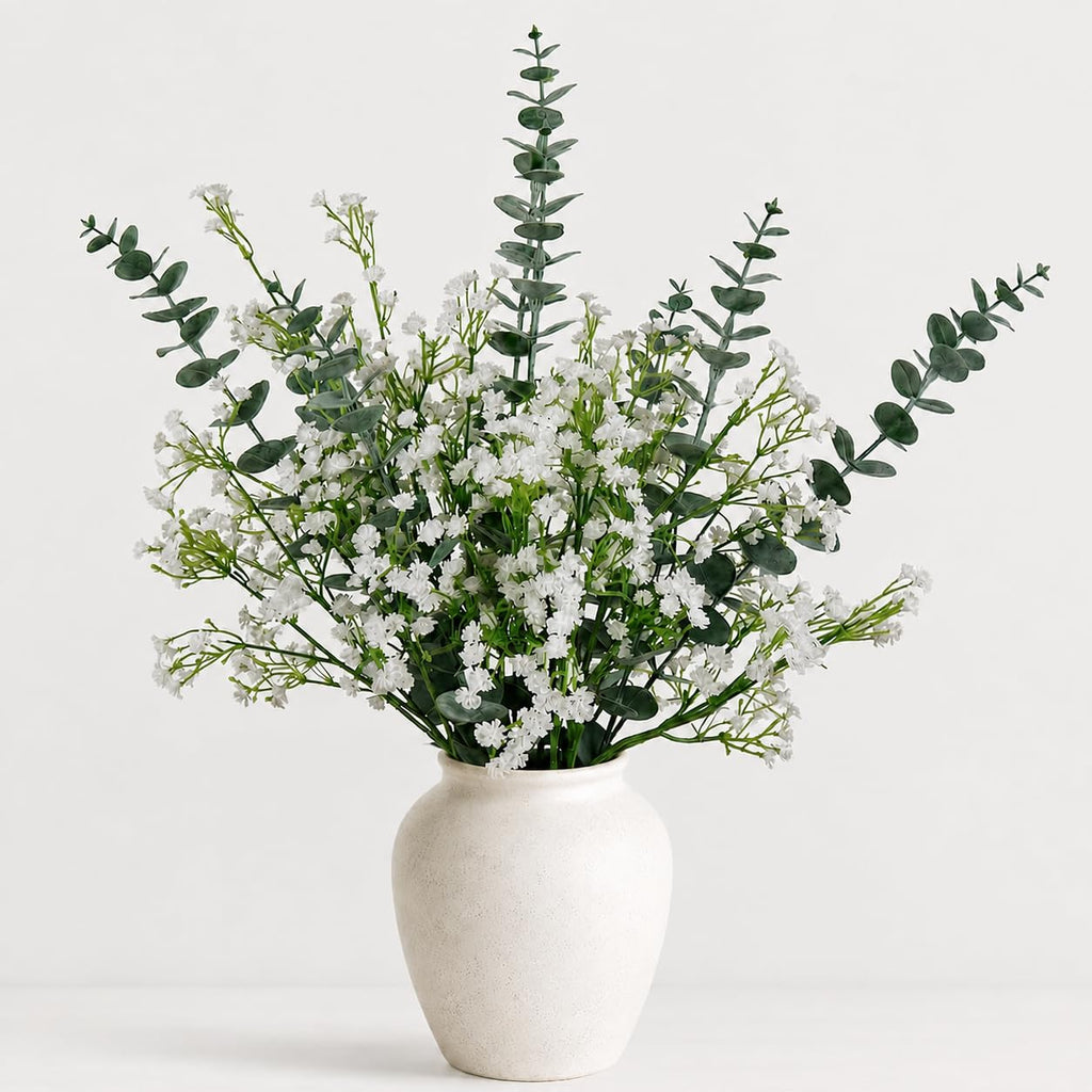 White Babys Breath Artificial Flowers with Fake Eucalyptus Leaves, 18Pcs
