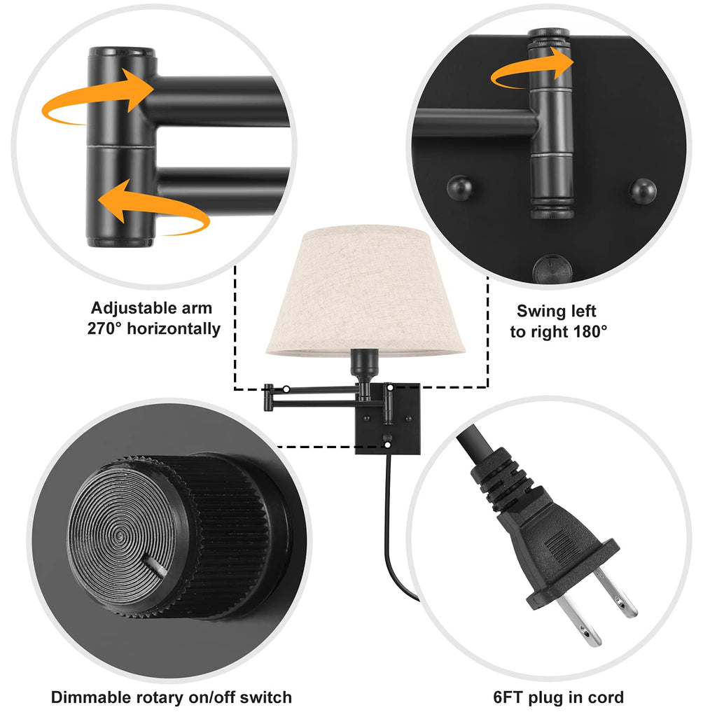 Dimmable Wall Sconce Plug in, Wall Sconces Set of Two Swing Arm Wall Lights with Plug in Cord and On/Off Dimmer