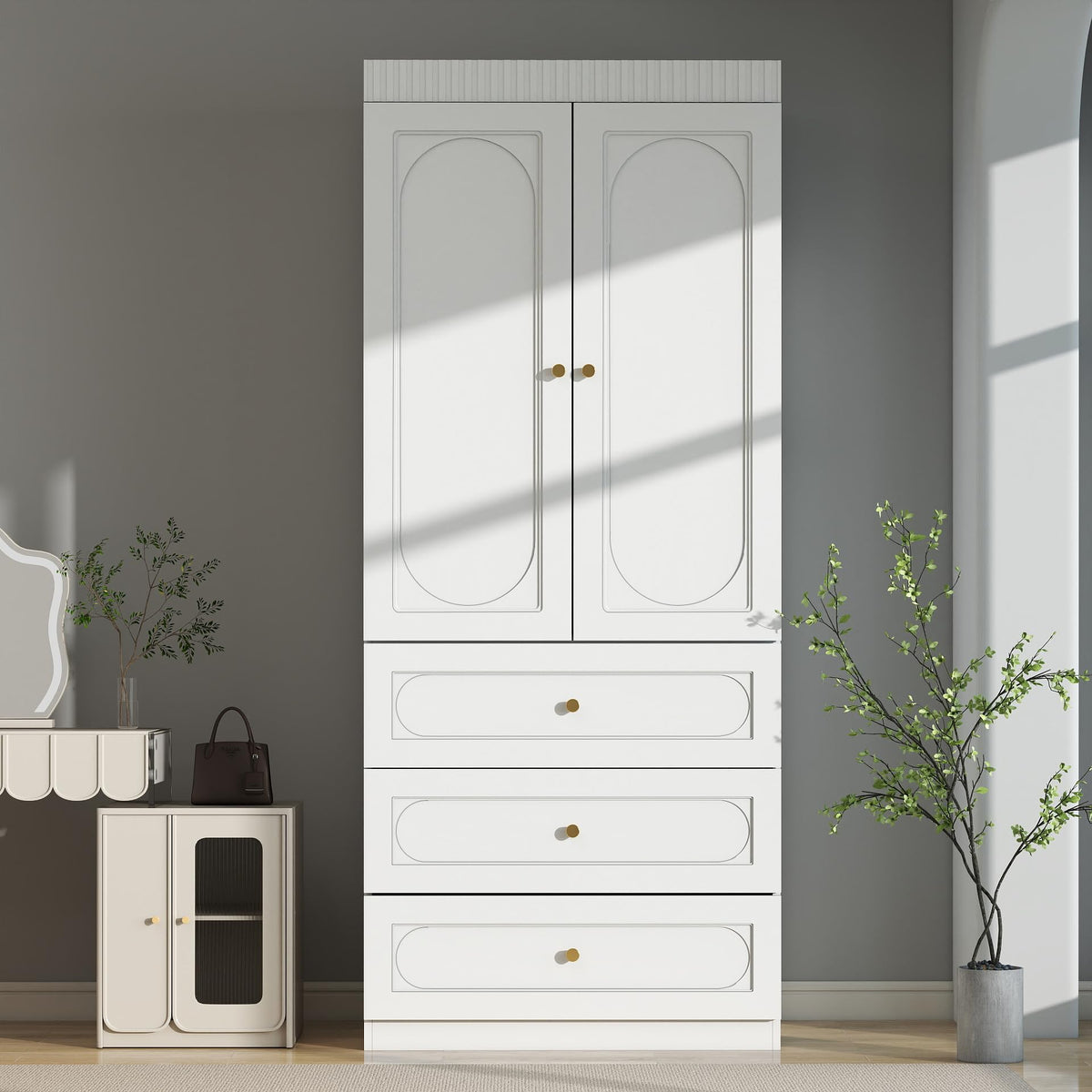 Armoire Wardrobe Closet with Drawers: 74" Tall White Wardrobe Closet with Doors, Large Bedroom Armoires for Clothes