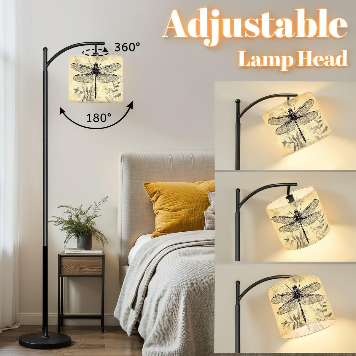 Inspired Arco Style Arc Floor Lamp Vintage Dragonfly Botanical Retro Fern Leaves Textured Intricate Wing Dimmable Modern Standing Lamp