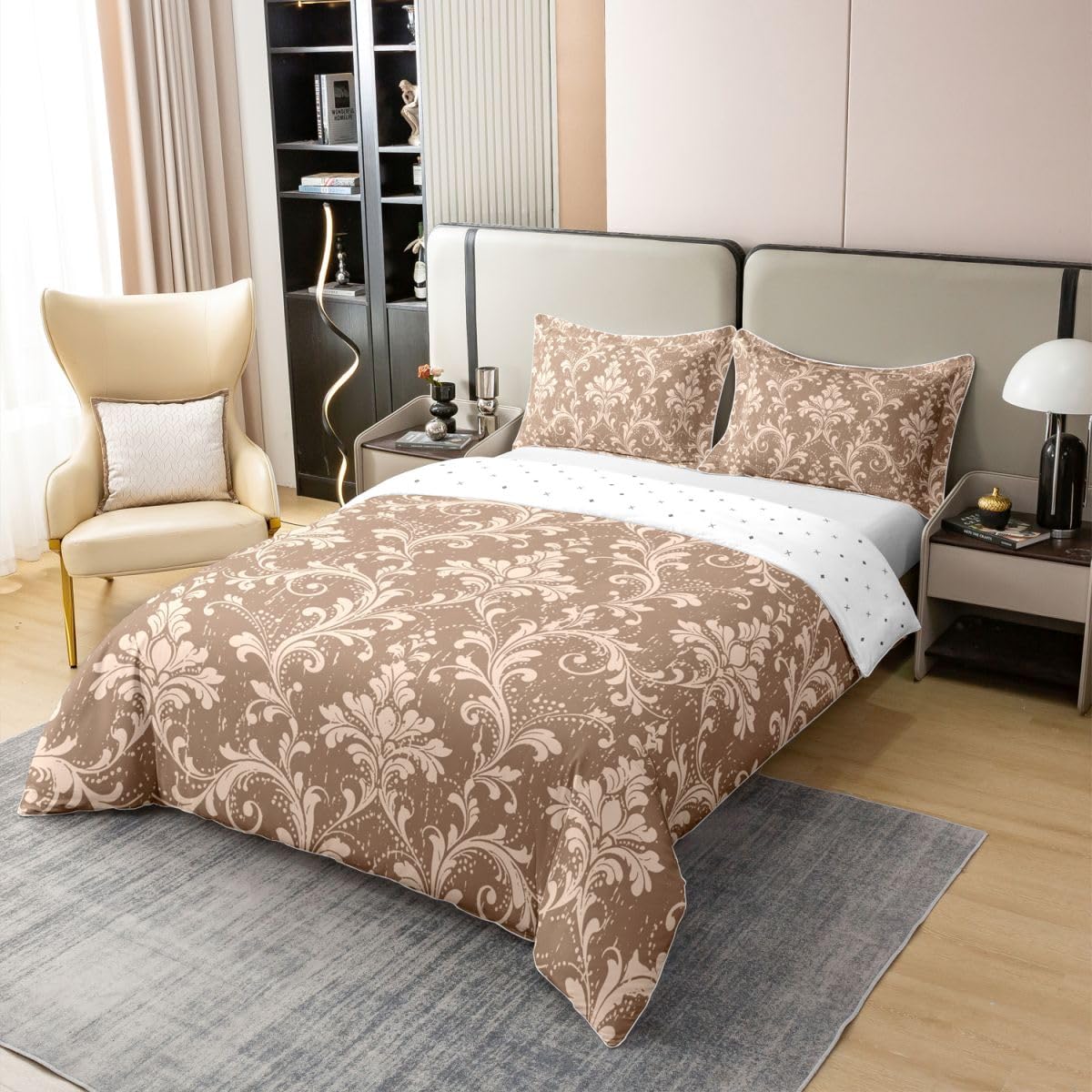 Damask 100% Cotton Comforter Cover Dark Brown Bedding Set Victorian Wood Grain Duvet Cover Antique Baroque