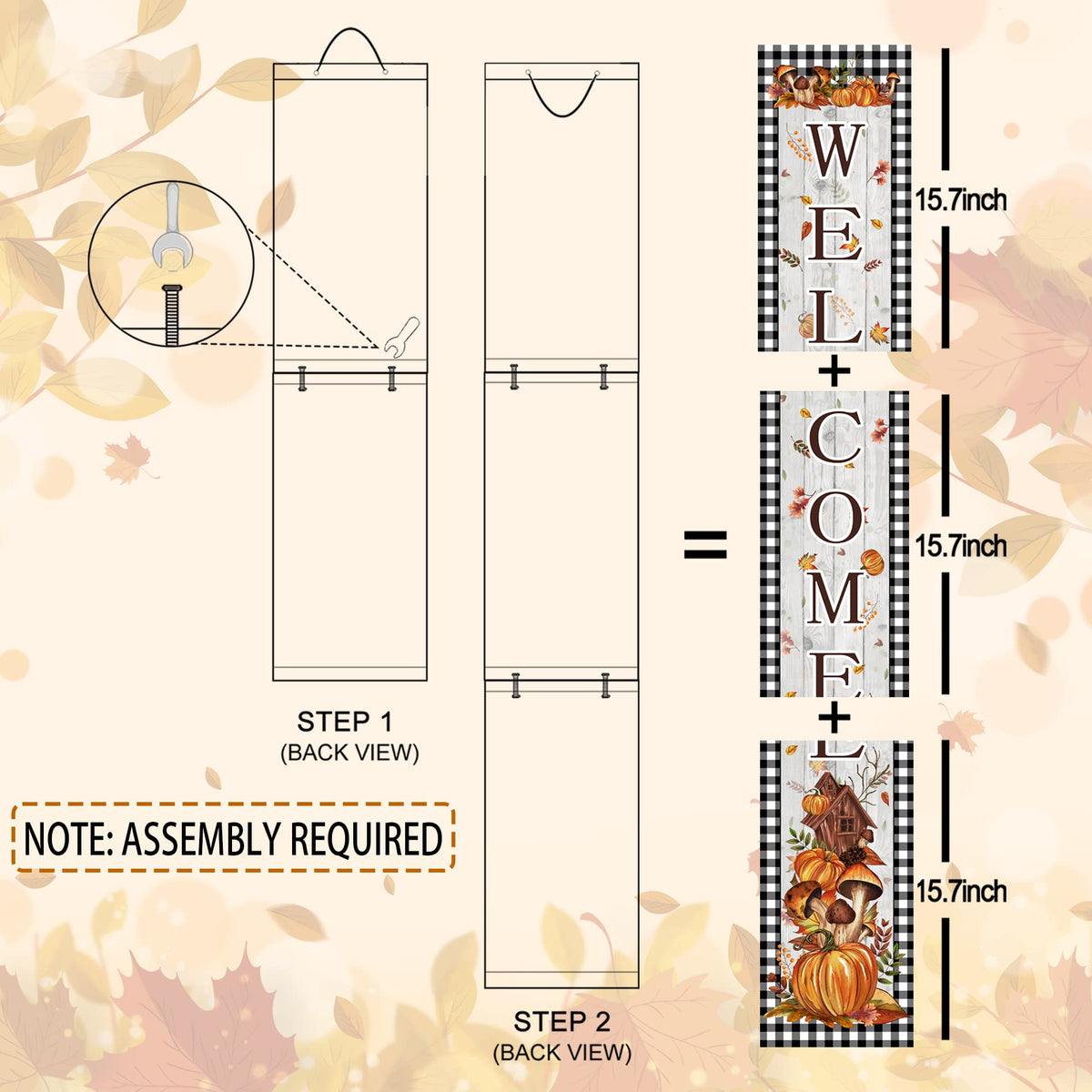 Fall Welcome Porch Sign Thanksgiving Day Wooden Door Sign 47" Large Buffalo Plaid Porch Sign for Pumpkin Sign Home