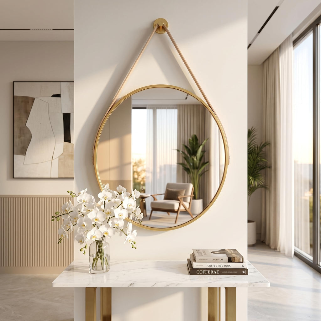 16" Gold Round Mirror, Circle Wall Mirror with Leather Strap