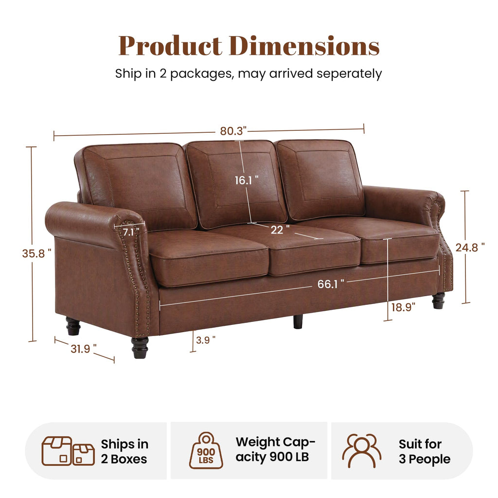 Faux Leather 3 Seater Sofa with Rolled Arms, Rust