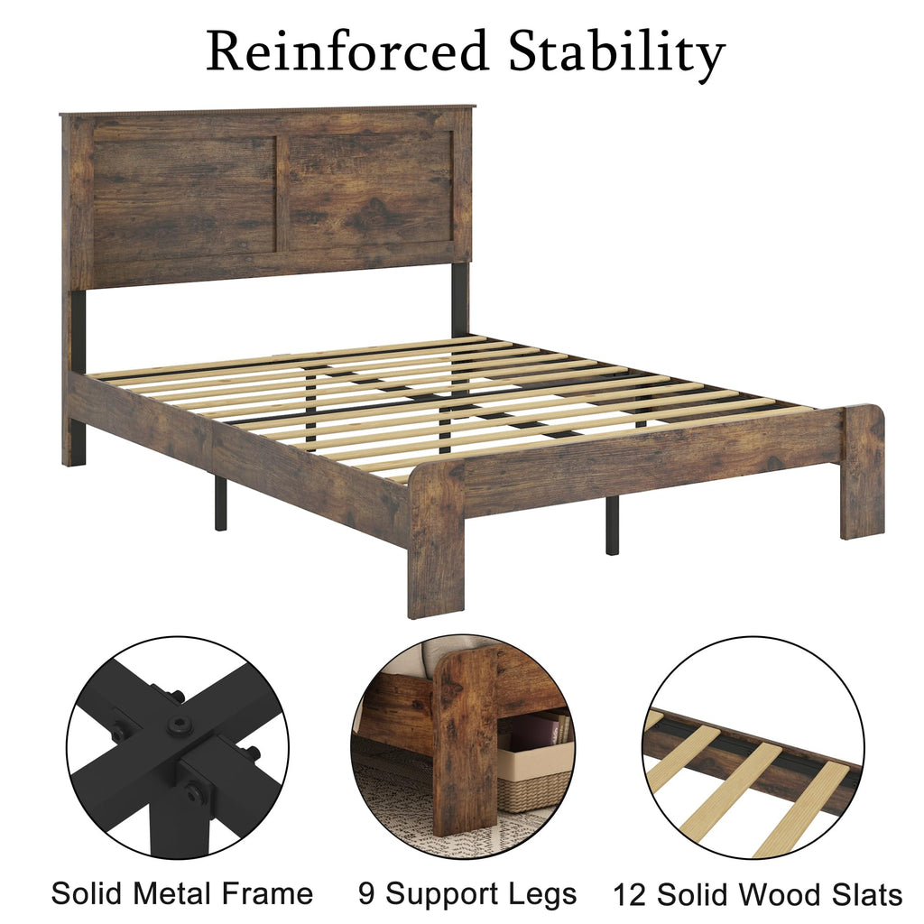 Wood King Size Bed Frame with Headboard and Footboard, Dark Brown