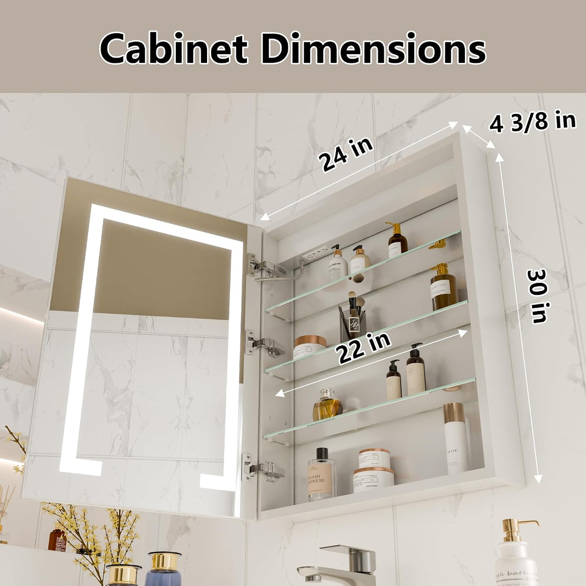 LED Bathroom Medicine Cabinet Mirror, 24" x 30" Lighted Vanity Mirror with Storage, Frameless Mirrored Medicine