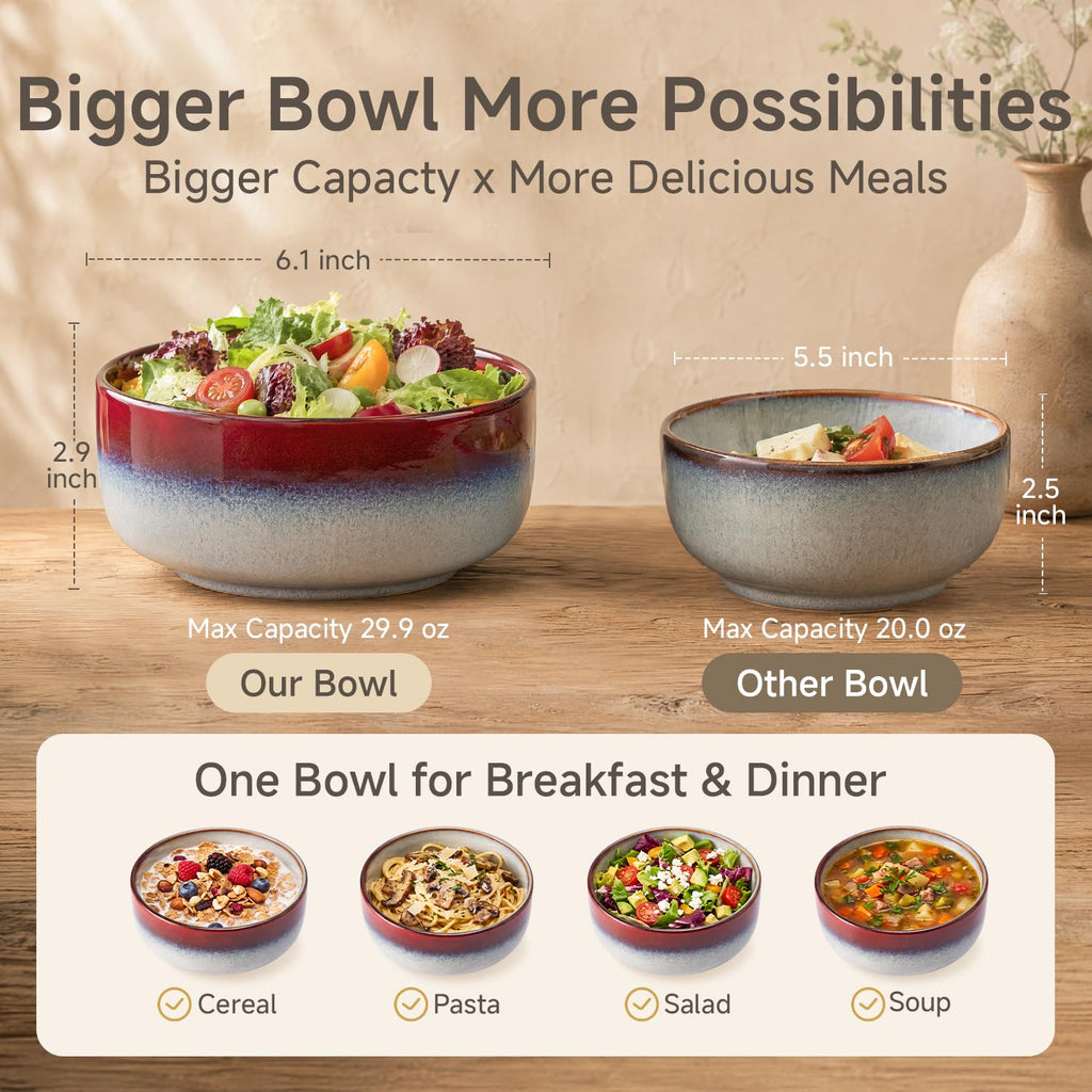 Dinnerware Set for 6, Red Reactive Glaze Plates and Bowls Sets