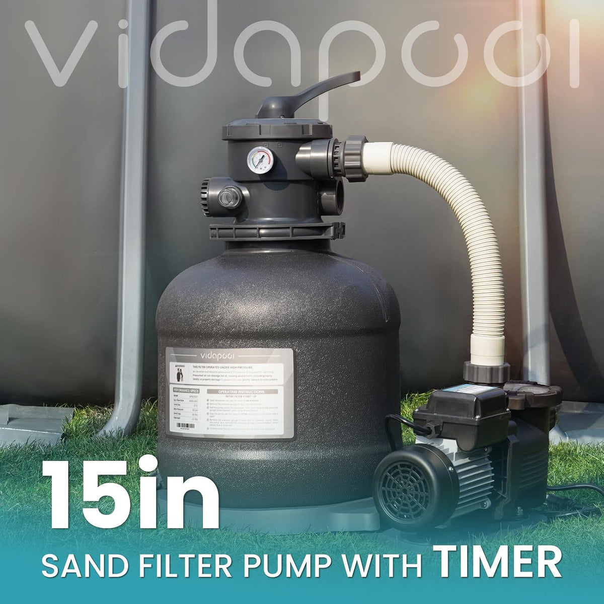 15" Sand Filter Pump for Above Ground Pool with Timer | 3/4HP 3800GPH Pool Pumps Above Ground for Pools Up to 15,000