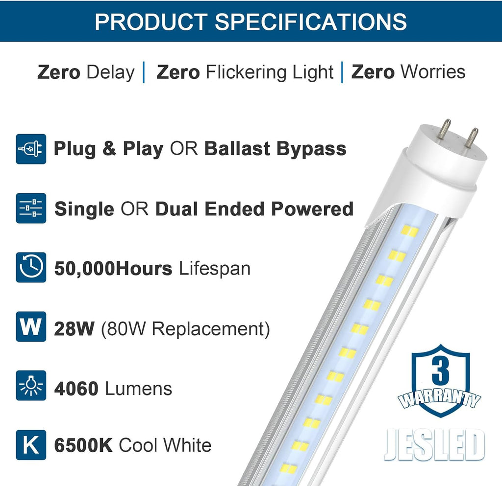 4FT LED T8 Type A+B Tube Lights, 28W(80W Equivalent), 4060LM, 6500K