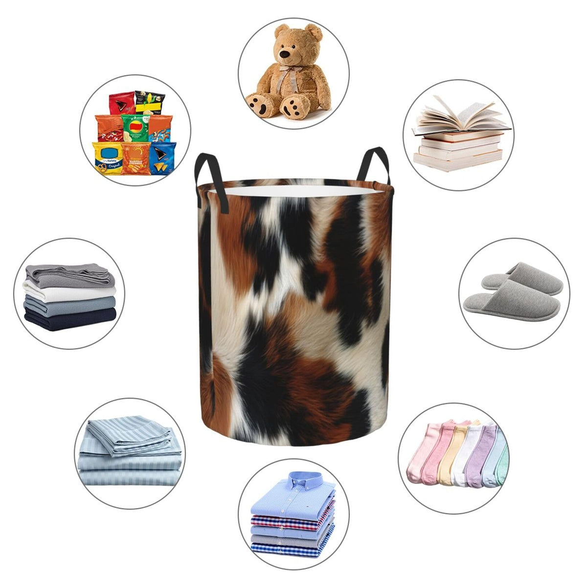 Brown Cowhide Laundry Basket Laundry Hamper With Handles Collapsible Laundry Baskets Storage Basket For Room Bathroom