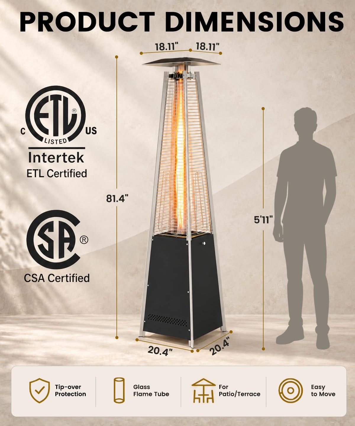 Patio Heater 48, 000 BTU Outdoor Propane Heater with Wheels