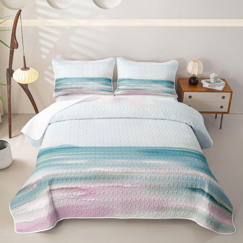 Abstract Beach Quilt Teal Pink Oil Painting Quilt Set Ocean Sea Wave Lake Quilted Bedspread Romantic Summer
