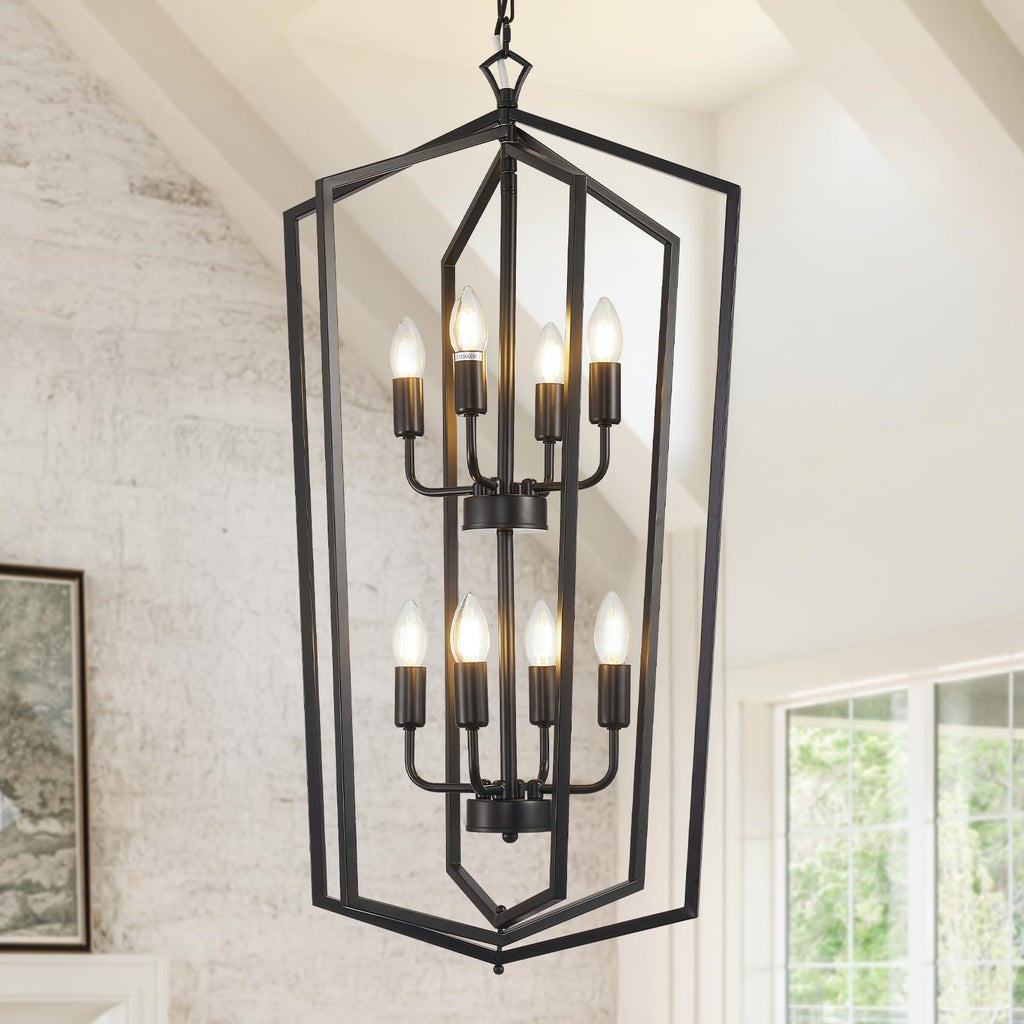Black Chandelier, 8-Light Tiered Lantern Pendant Light, Modern Farmhouse Foyer Lighting Fixtures, Large Chandeliers
