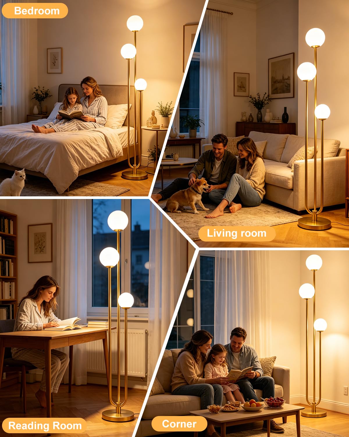 63IN 3-Light Dimmable Floor Lamp, Unique Gold Tall Standing Lamps with 3000K G9 Bulbs for Reading, Mid Century Modern