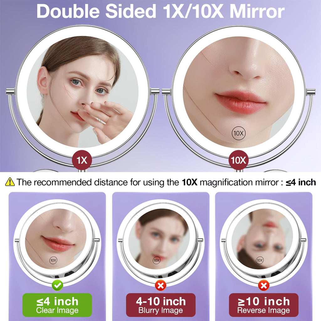 9" Large Wall Mounted LED Makeup Mirror with Magnification 10X/1X, Corded