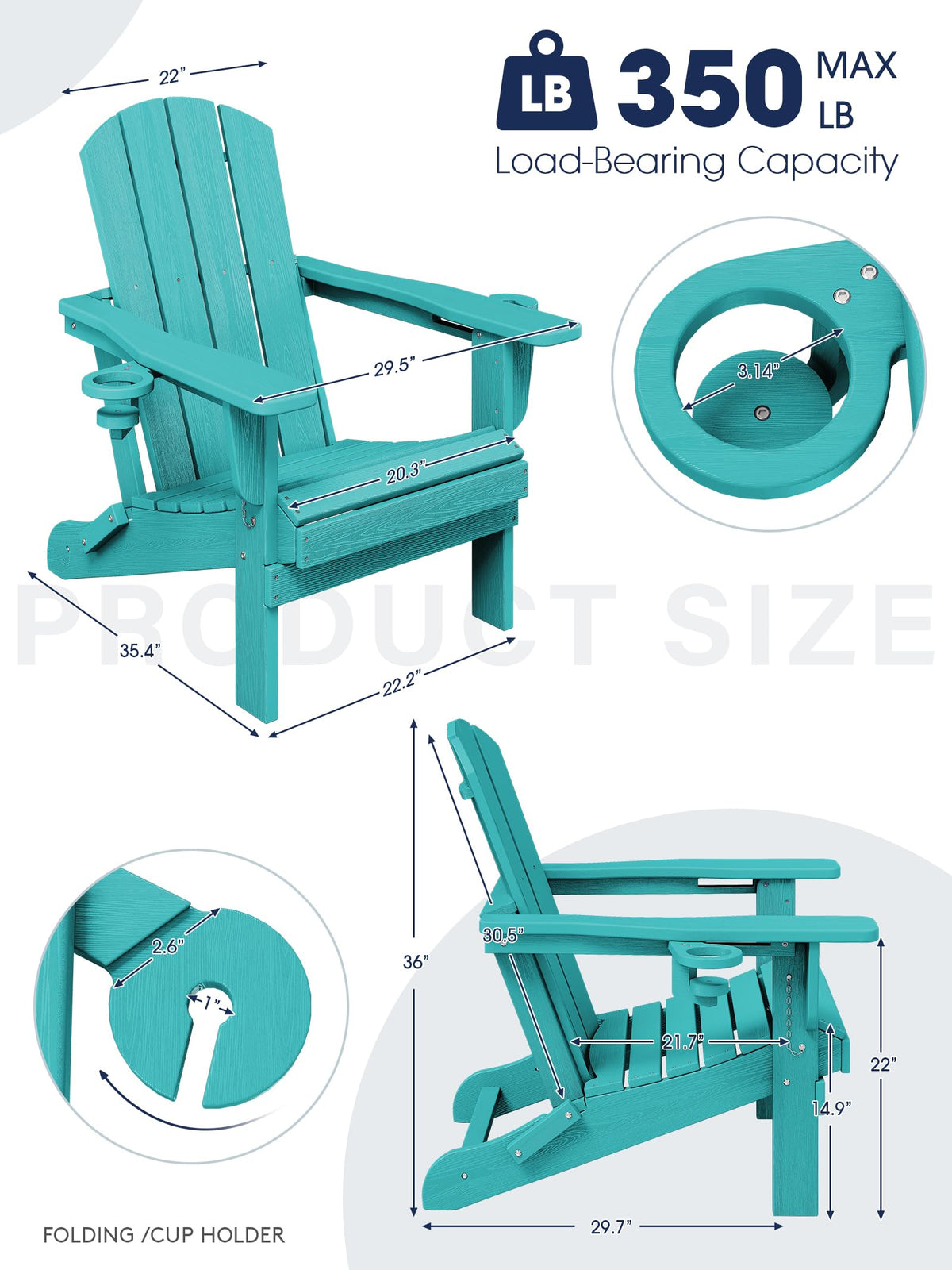 Folding Adirondack Chair Set of 4 with 2 Cup Holders, Aruba