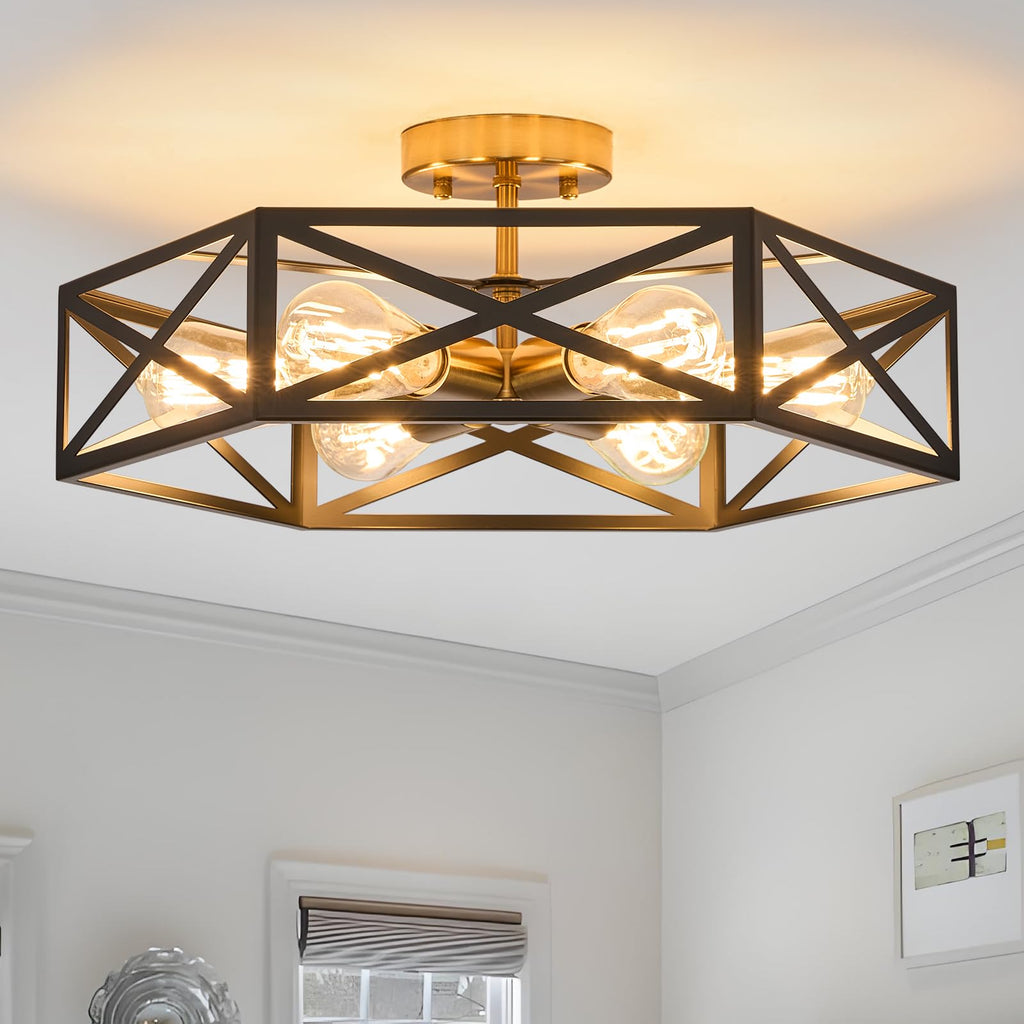 Modern Farmhouse Black and Gold Semi Flush Mount Ceiling Light 19.7 in