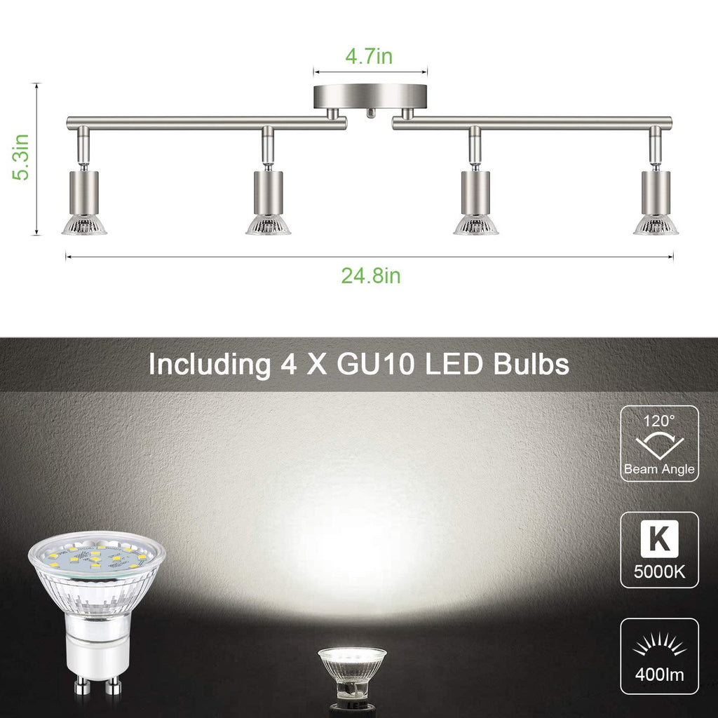 LED 4 Light Track Lighting Kit, 24.8'' Matt Nickel 4 Way Ceiling Spot Lighting, Flexibly Rotatable Head, Modern Track