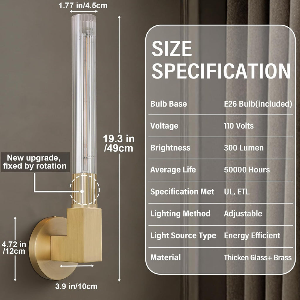 Gold Wall Sconces Set of 2, Modern Bathroom Vanity Lights with Tube Glass Shades - Industrial Vintage Wall Lighting for Mirror, Hallway, Bedroom, Dressing Room