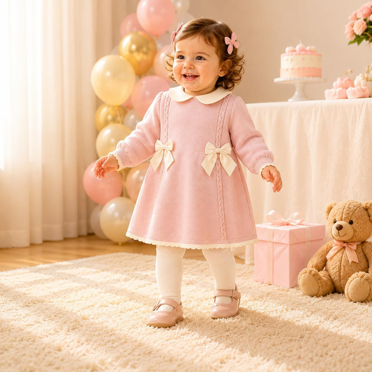Baby Girls Knitted Sweater Dress with Peter Pan Collar & Bow (US, Age, Pink-White)