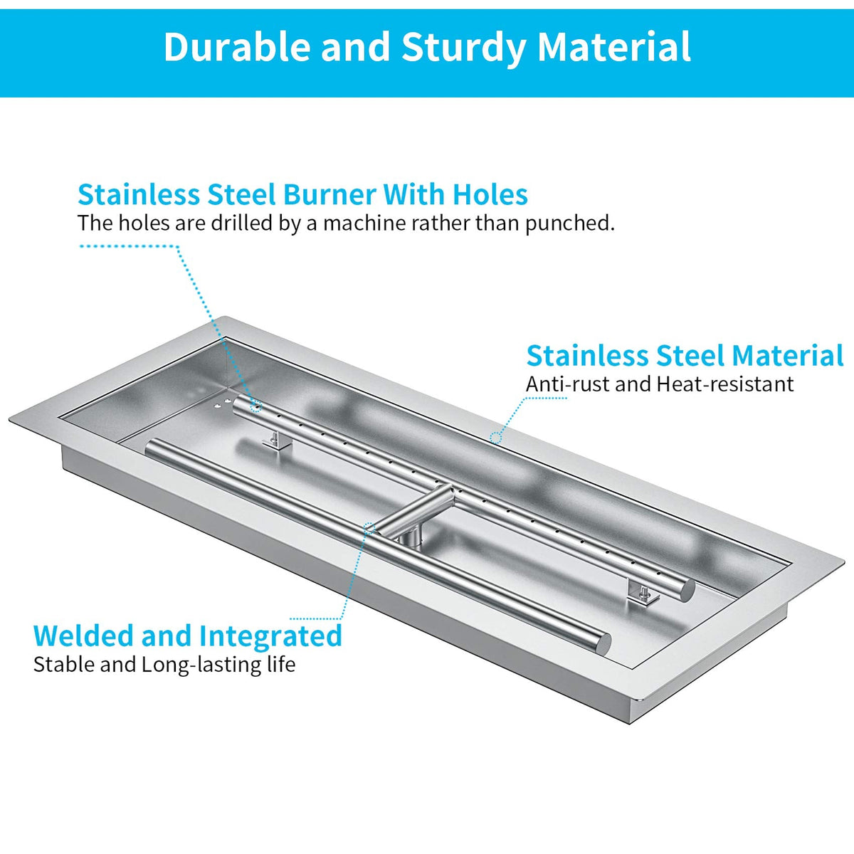 Rectangular Stainless Steel Drop-in Fire Pit Pan with Burner for Indoor/Outdoor, 24 by 8 Inch Burning Area