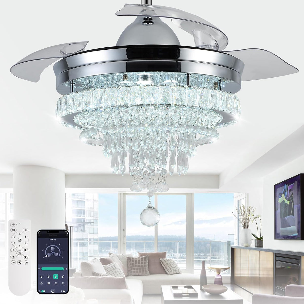42" Modern Crystal Chandelier Ceiling Fan with Light & Remote,Dimmable LED Fandelier ,3 Color Temperatures,6 Speeds