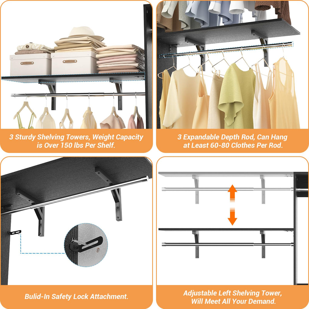 8FT Closet System with 3 Wooden Storage Shelves, 96'' Closet Organizer System with 3 Hanging Rods, Wall Mount Bedroom