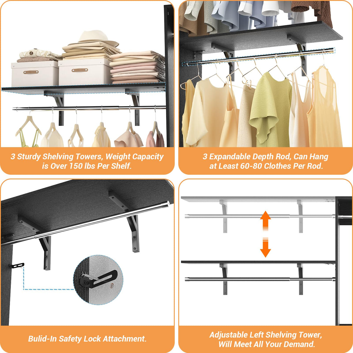 8FT Closet System with 3 Wooden Storage Shelves, 96'' Closet Organizer System with 3 Hanging Rods, Wall Mount Bedroom