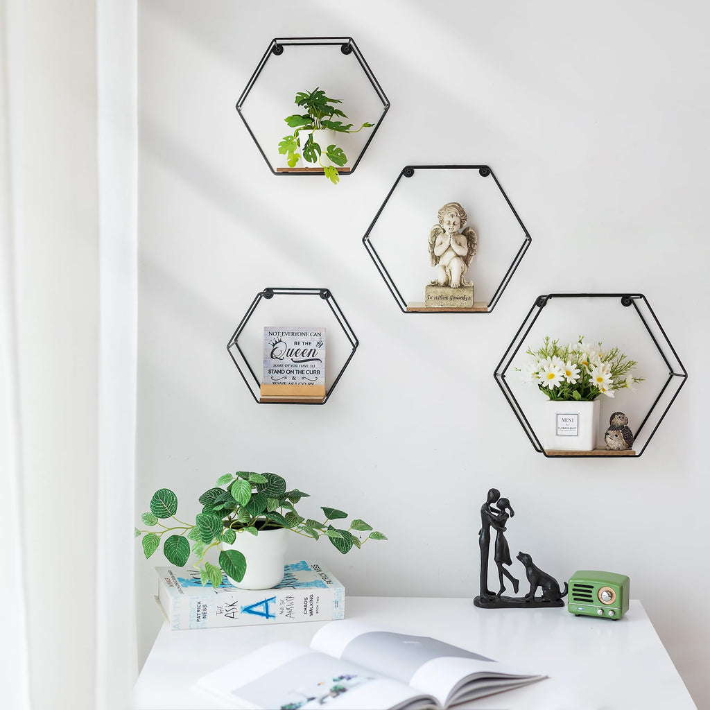 Hexagon Shelves Black for Wall - Metal Wood Floating Honeycomb Shelf - Hanging Planter Shelves Bedroom Bathroom Set
