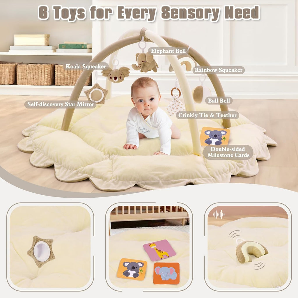 In-1 Plush Baby Play Gym, Activity Mat with Convertible Gym, Baby Gym 6 Sensory Toys, Play Center for Newborn to