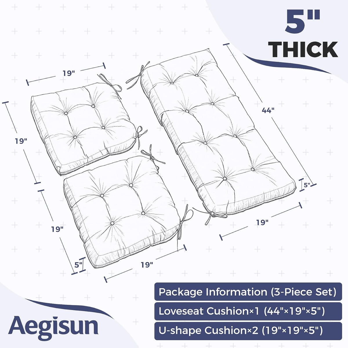 Wicker Chair Cushions of 3 Pieces, Waterproof Cushions Furniture, Tufted Wicker Outdoor Furniture Cushions, 1 Patio