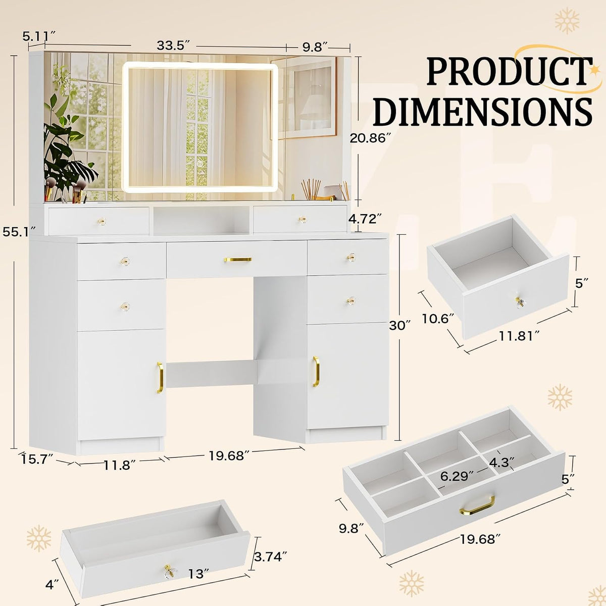 Vanity Desk with 3 Way Mirror and Lights, Large Makeup Vanity Table Set with Charging Station, 3 Lighting Modes &