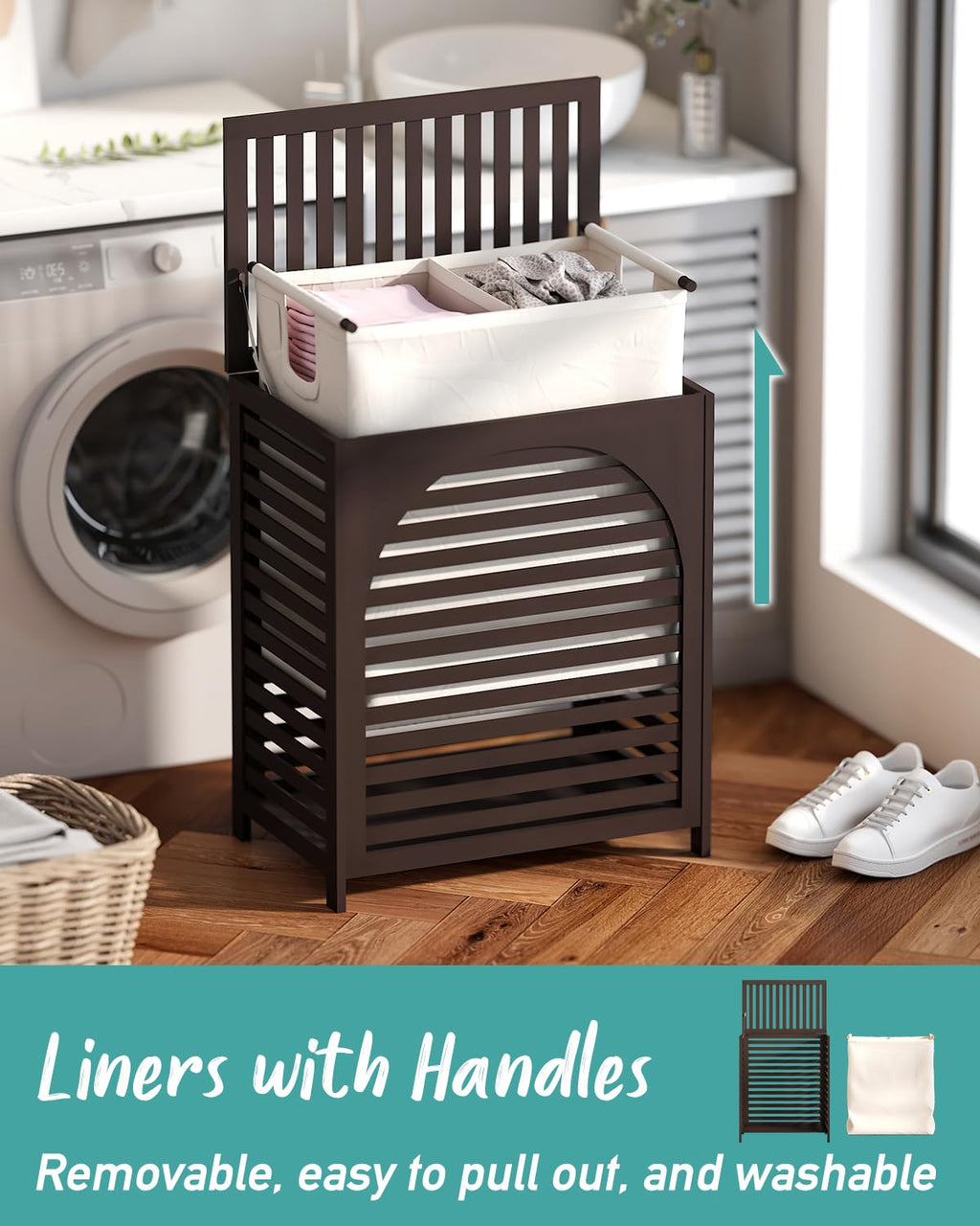 Hamper, 27.3 Gallon (103L) Bamboo Wood Clothes Laundry Basket with Lid and Handles, Removable Liner