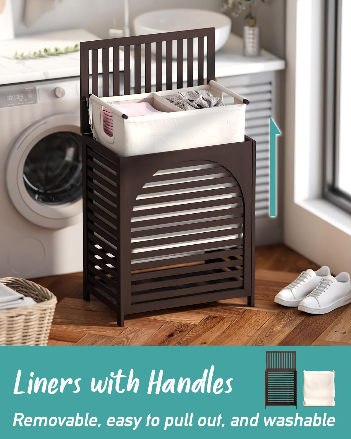 Hamper, 27.3 Gallon (103L) Bamboo Wood Clothes Laundry Basket with Lid and Handles, Removable Liner