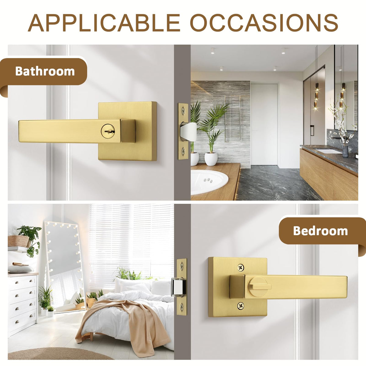 2 Pack Gold Entry Door Handles,Satin Brass Heavy Duty Interior Front Door Handles with Keys, Entrance Exterior