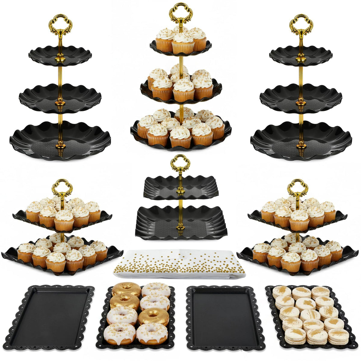 Pack of 11 Cake Stand Set of Cupcake Stand, Tray & Table Cloth (Black)