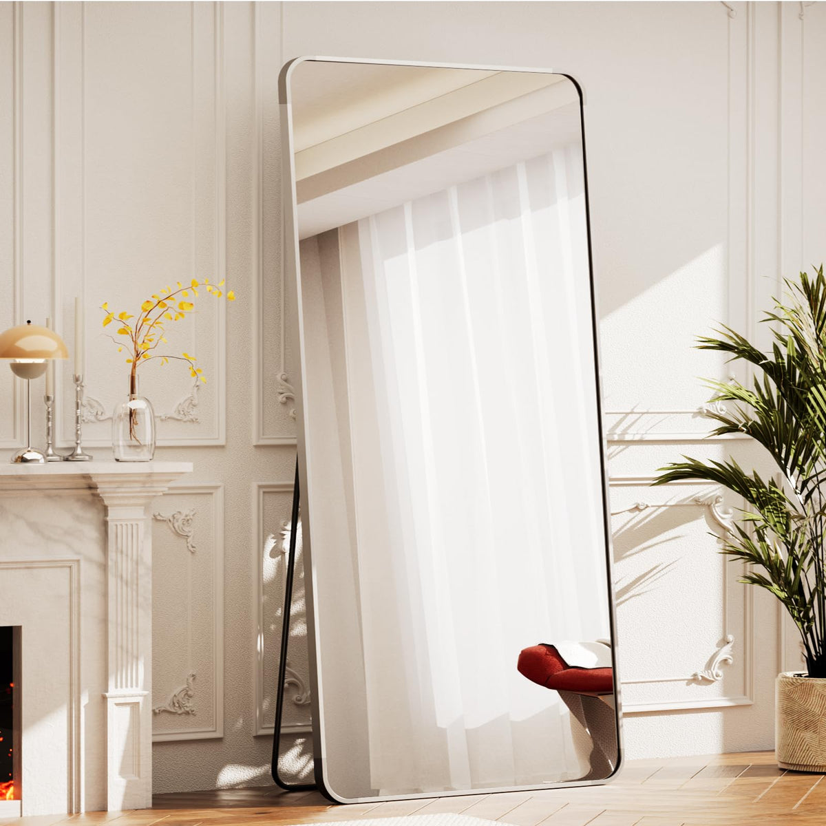 71" x 26" Rounded Corner Full Length Mirror with Stand, Silver
