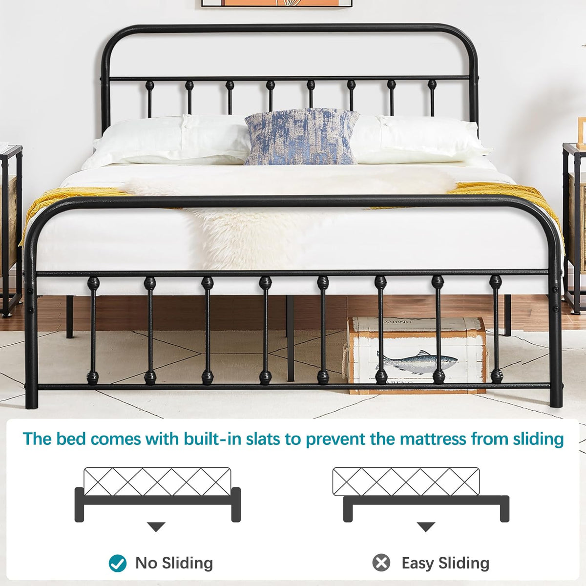 Black Metal Bed Frame with Vintage Headboard and Footboard, No Box Spring Needed, Premium Stable Steel Slat