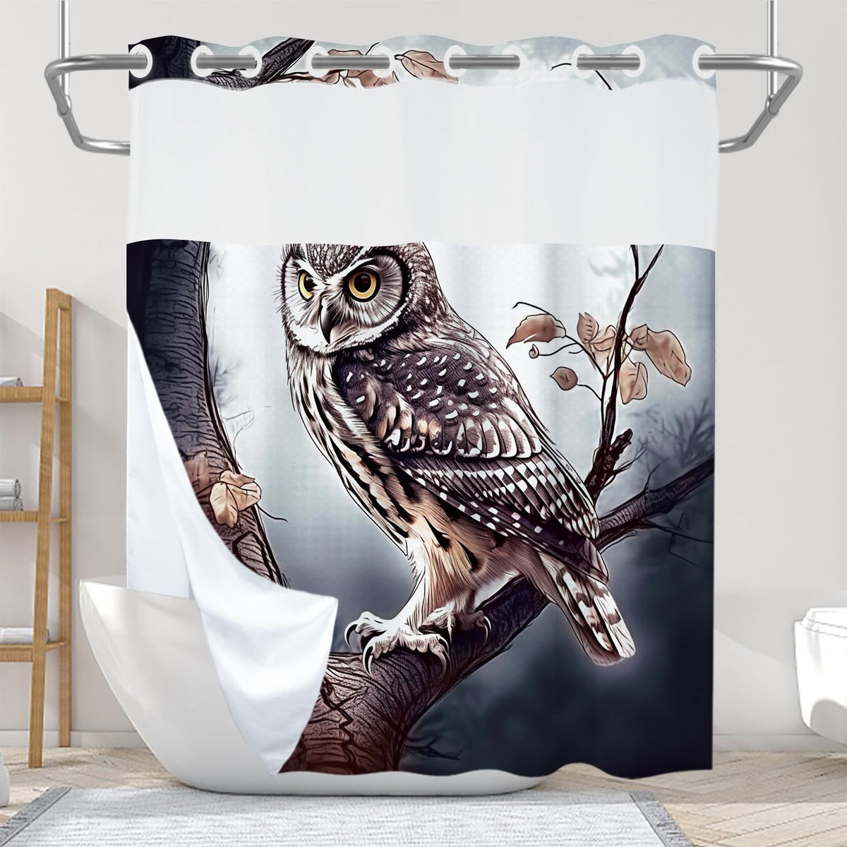 Cute Little Owl Eagle Forest Night Rustic Theme No Hook Waffle Weave Shower Curtain with Snap in Liner Polyester
