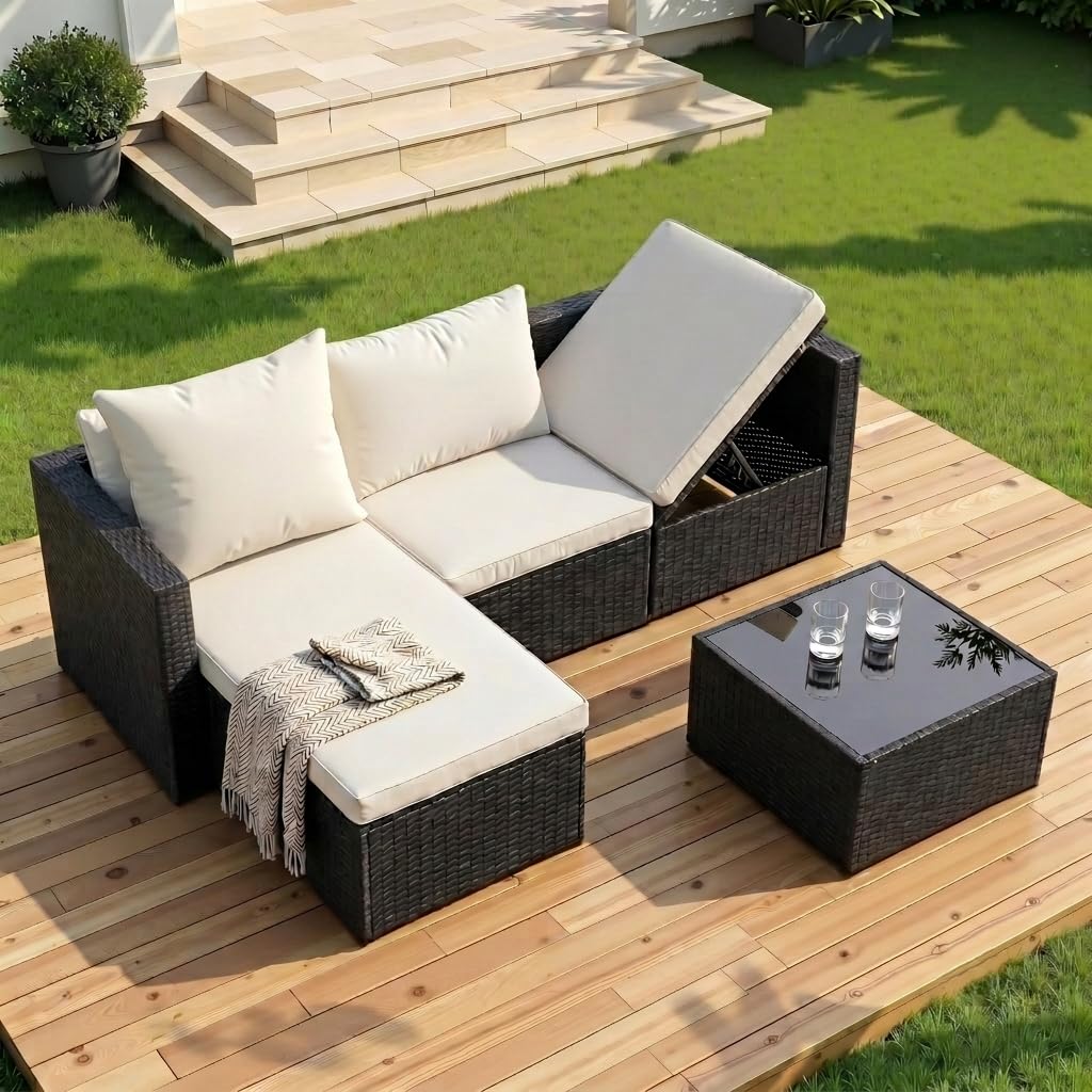 Outdoor Sectional Patio Furniture Set 4-Piece, All-Weather PE Rattan Sofa Couch with Cushions & Storage Coffee Table
