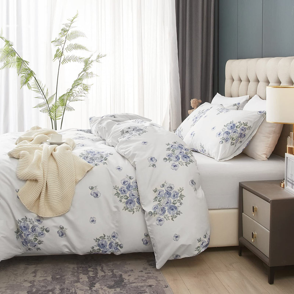 Blue Rose Floral Duvet Cover, Blue and White Farmhouse