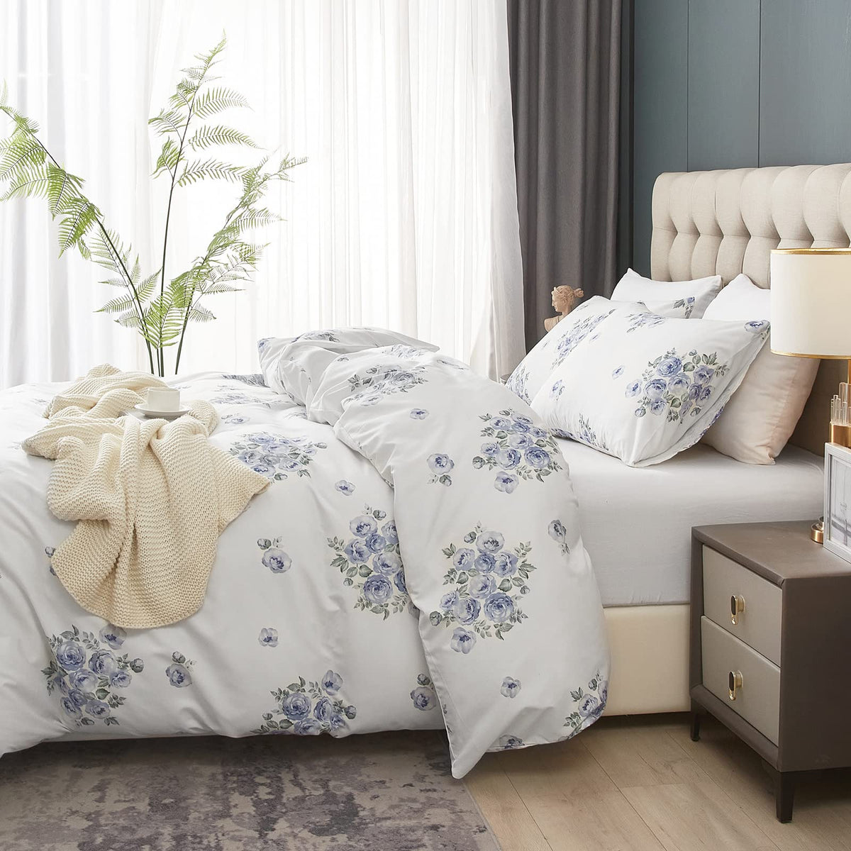 Blue Rose Floral Duvet Cover, Blue and White Farmhouse